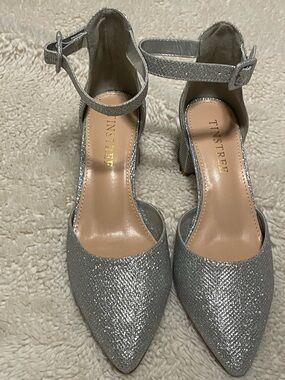 Tinstree Silver Glitter Pointed-Toe Ankle-Strap Heels. Item # 11401